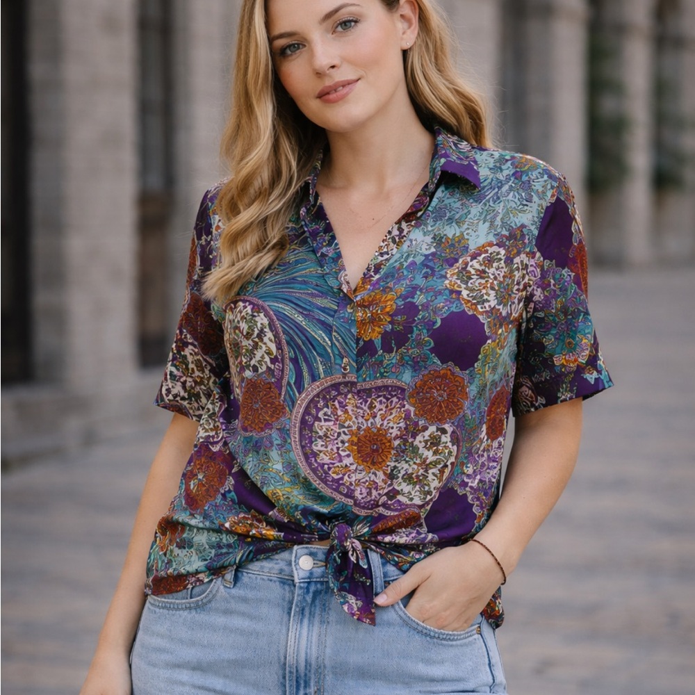 Ya da 100% Silk Print Blouse Artsy Statement Top Colorful Vintage 51992